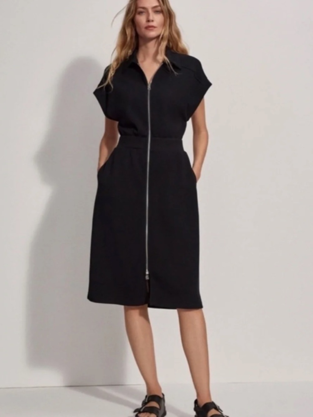 Varley Louisa Black Zip-Front Short-Sleeve Women’s Dress, Size Medium